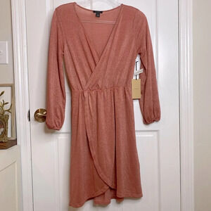 NWT Halogen Women's Sparkle Long Sleeve Faux Wrap Dress Rust Marsala SZ …